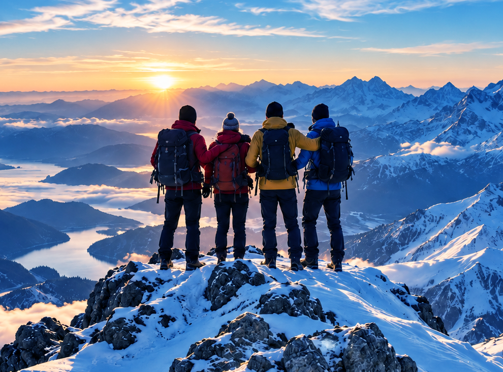 Summit360 team standing together on a mountain summit at sunrise